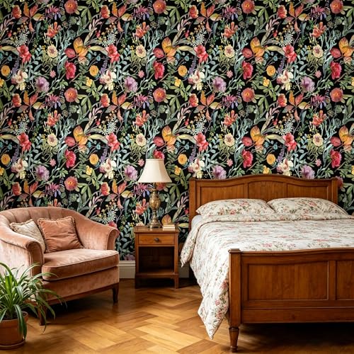 Black Flowers Peel and Stick self Adhesive Wallpaper Floral | - 96''x32'' - color: X17, size: 32" x 96"