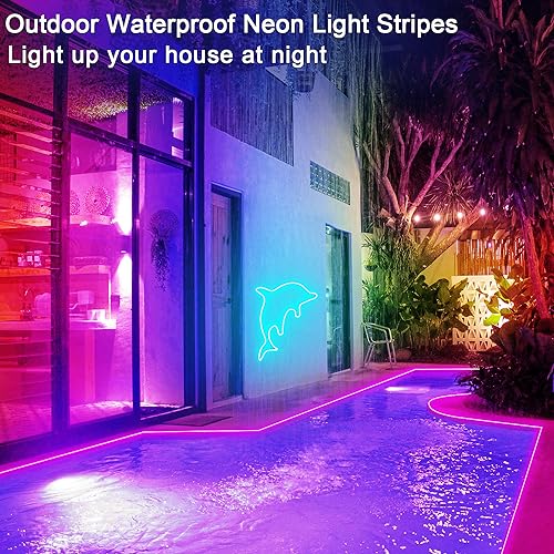 segrass 32.8ft LED neon Lights with Remote APP Control IP65 Waterproof Flexible Neon Strip Lights 24V RGB Rope Lights for Bedroom Room Outdoors Décor - size: 32.8ft
