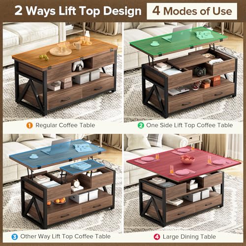 40" Lift Top Coffee Table with Storage,Walnut | 4 in 1 Multi-Function Lifting top Coffee Tables with Storage Drawers and Hidden Compartmen,for Living Room - color: Walnut