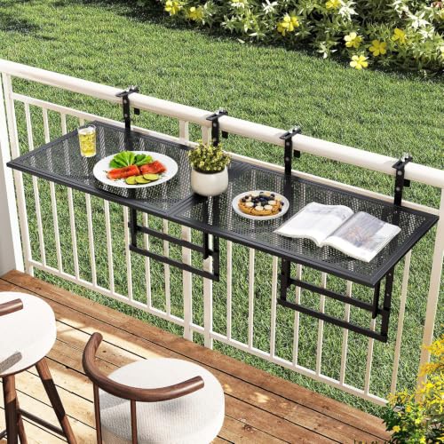 Tangkula Balcony Railing Table, 48" Outdoor Space-Saving Folding Hanging Table with 5-Level Adjustable Height, Metal Frame, Fits Railings Up to 1.5"-3.5" Thick for Patio, Porch, Deck - size: 48" x 16" x 23.5"-31"