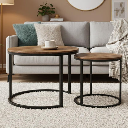 Nesting Side Tables, Coffee Table Set of 2 with Sturdy Metal Frame, Modern Industrial Simple Nightstand for Living Room Bedroom Apartment (Walnut) - color: Walnut