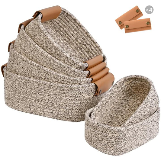 Storage Baskets for Organizing, Small Woven Basket Set of 6-4 Shelf Basket with Leather Handle and 2 Small Gift Baskets, Cotton Rope Basket for Shelves, Nursery, Dog Toy, Bathroom - color: Brown