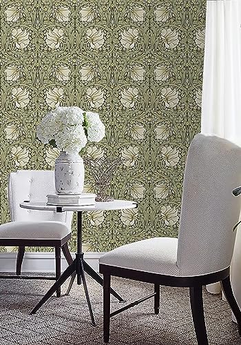 HAOKHOME William Morris Wallpaper Vintage Wall Paper Sage Green Removable | Textured Renter Friendly Stick On Wall Paper Yellow Retro Floral Mural Bathroom Bedroom Nursery Contact Paper 17.3in x 9.8ft - color: Sage Green/Yellow, size: S: 17.3in x 9.8ft