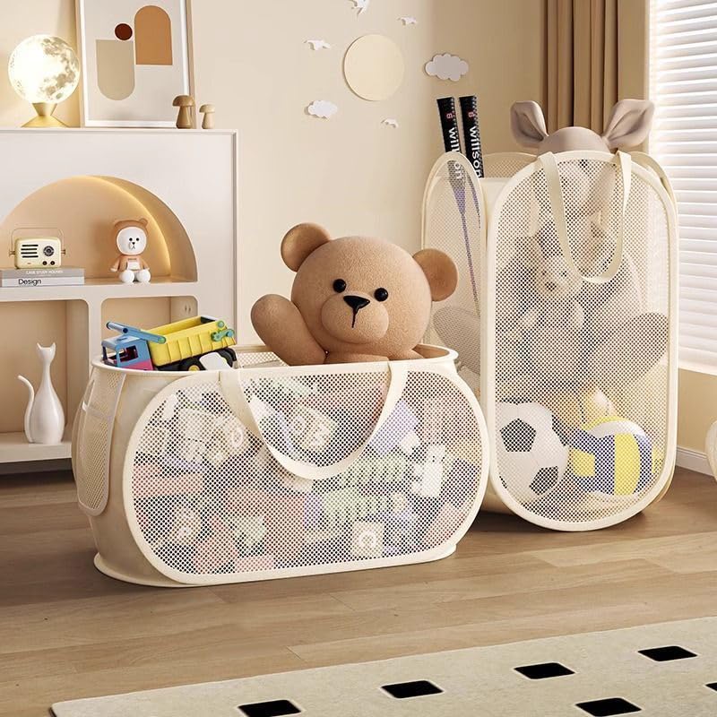 2 pcs Foldable Pop up Hamper, Collapsible Mesh Laundry Hamper, Storage Basket with Reinforced Handles, Breathable Space-Saving Organizer for Laundry, Kids Toys, Bathroom, Living Room, Dorm