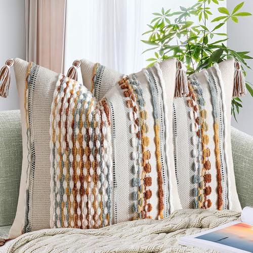 Set of 2 Chenille Striped Textured Boho Throw Pillow Covers Aesthetic with Tassels Woven Decorative Pillow Case for Couch Bed Sofa Bedroom Modern Funky 18 x 18-Inch Brown - color: Brown, size: 18" x 18" (Pack of 2)