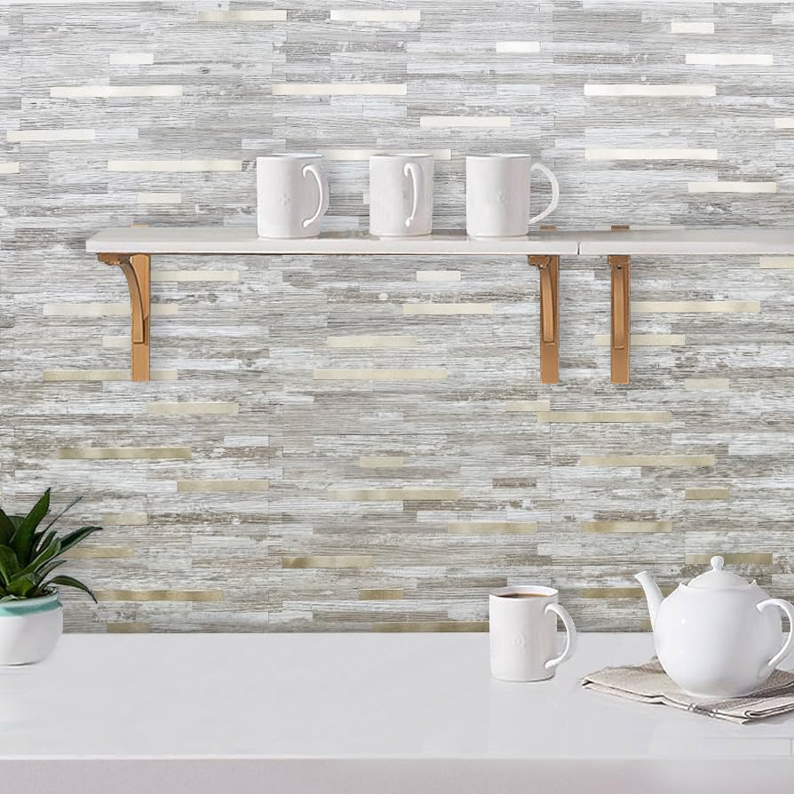 DICOFUN 10-Sheet Peel and Stick Backsplash Tile, Brown Birch Wood Look PVC Mixed Metal Gold Stick on Backsplash Tiles for Kitchen, 9.4 sq.ft - color: Brown Birch and Metal Gold, size: 10 Sheets, 12’’x12’’x0.12’’