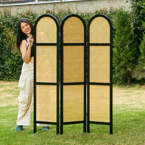 Svimi Room Divider and Folding Privacy Screens, Pine Wood 5.6 Ft Double Hinged Rattan Partition Freestanding Wall Room Divider for Home - 3 Panels - color: Black/Natural