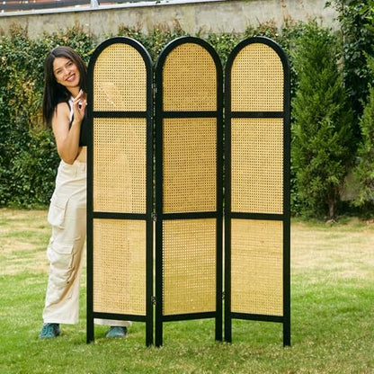 Svimi Room Divider and Folding Privacy Screens, Pine Wood 5.6 Ft Double Hinged Rattan Partition Freestanding Wall Room Divider for Home - 3 Panels - color: Black/Natural