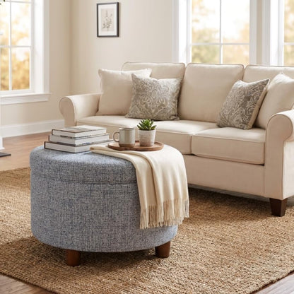 HomePop 24" Large Round Storage Ottoman - Blue Gray Woven Fabric - color: Blue Gray Woven Fabric