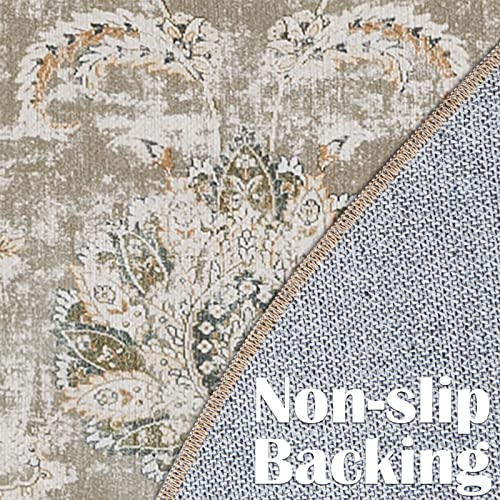 jinchan Round Rug 5ft Area Rugs Vintage Floral Distressed Design - Machine Washable Non-Slip Low-Pile Ultra-Thin Circle Rug for Entryway Bedside Living Room Dining Room Bedroom (5' Round,Taupe)