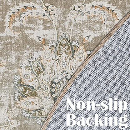 jinchan Round Rug 5ft Area Rugs Vintage Floral Distressed Design - Machine Washable Non-Slip Low-Pile Ultra-Thin Circle Rug for Entryway Bedside Living Room Dining Room Bedroom (5' Round,Taupe)