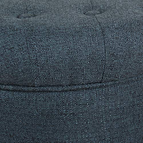 HomePop by Kinfine Fabric Upholstered Round Storage Ottoman - Velvet Button Tufted Ottoman with Removable Lid, Indigo Blue Woven - color: Indigo Blue Woven