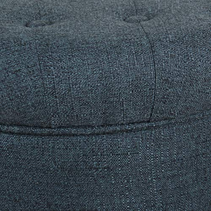 HomePop by Kinfine Fabric Upholstered Round Storage Ottoman - Velvet Button Tufted Ottoman with Removable Lid, Indigo Blue Woven - color: Indigo Blue Woven