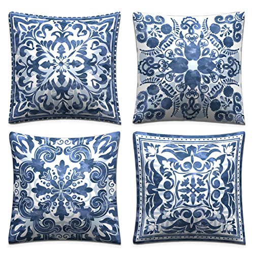 Set of 4 Boho Linen Throw Pillow Covers 18x18 Inch Square | Soft Linen, Fade Proof Print, Hidden Zipper, Indoor Outdoor, Machine Washable, Boho Sofa Decor - size: 18" x 18" (Pack of 4)