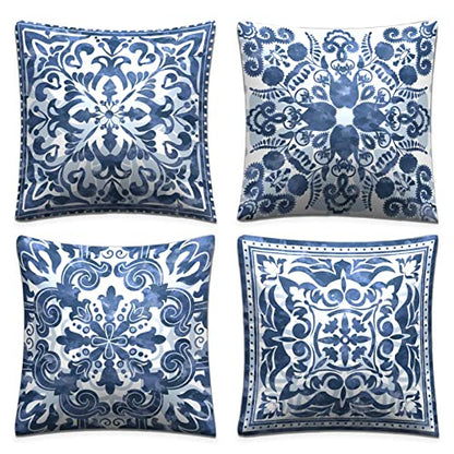 Set of 4 Boho Linen Throw Pillow Covers 18x18 Inch Square | Soft Linen, Fade Proof Print, Hidden Zipper, Indoor Outdoor, Machine Washable, Boho Sofa Decor - size: 18" x 18" (Pack of 4)