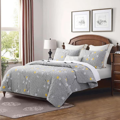 DURLENGEN Quilt Set Queen Size 3Pcs,Grey Branch with Yellow Turquoise Polka Dot Pattern,Soft Microfiber Lightweight Bedspread for All Season Layering(Queen 90x96,Botanical Grey) - color: Botanical Grey, size: Queen(90" x 96")
