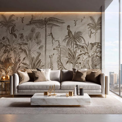 ASJ Kids Nursery Peel and Stick Wallpaper Mural, Safari Giraffe Sepia | Seamless edge-to-edge match. Monkey & birds etching artwork, 98x62 in, premium fabric, boys girls room playroom. - color: Sepia, size: 98" x 62"