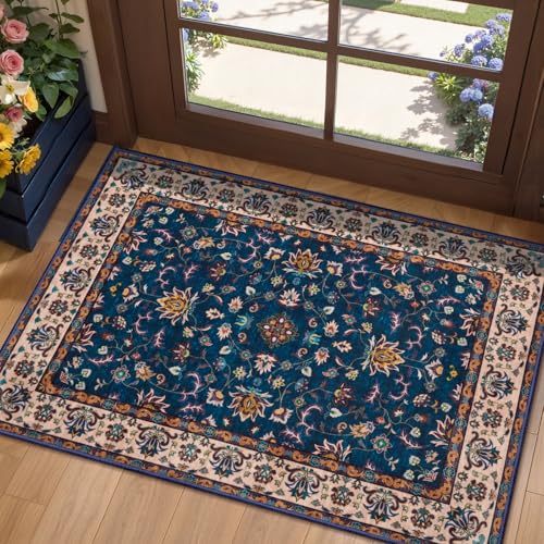Tangsoo 2x3 Washable Rugs for Entryway, Small Area Vintage Floral Rug Non-Slip Soft Low Pile Rugs, Small Carpet Door Mat, Front Door Indoor Throw Rug for Entrance Kitchen Entry, Home Decor Navy Blue - color: Floral/Blue, size: 2' X 3' (Rectangular)