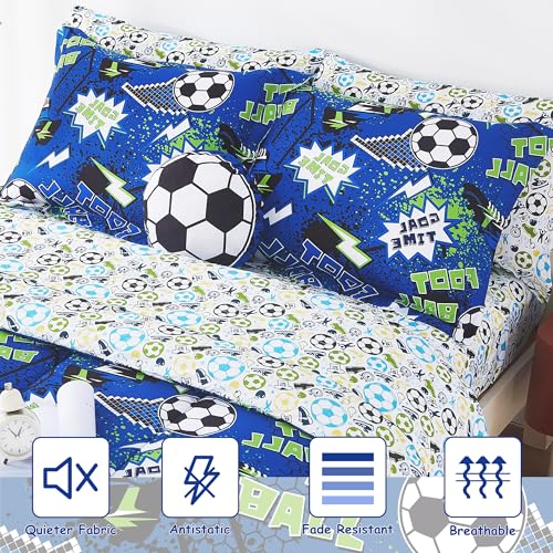 Kids Twin Comforter Sets for Boys 6 Pieces Cool Football Bedding Set for Teens Microfiber Blue Green Soccer Kids Bed in A Bag with Comforter, Sheet Set, Shams and Decorative Toy Pillow - color: Cool Blue Football, size: Twin