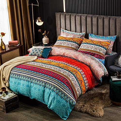Bohemian Duvet Cover Queen Colorful Floral Boho Striped Bedding Set Ultra Soft Microfiber Double Duvet Cover Southwestern Indian Tribal Reversible Bedding Exotic Style Decor Boho Comforter Cover - color: Red, size: Queen
