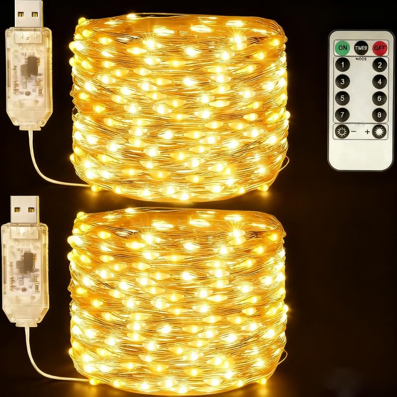 USB Fairy Lights Plug in, 33 Feet 100 LED Twinkle String Lights with Remote and Timer, Waterproof 8 Modes for Bedroom Indoor Wreath DIY Party Wedding Christmas Holiday Decoration(2 Pack Warm White) - size: 2PACK-USB-33FT/100LED-Warm white