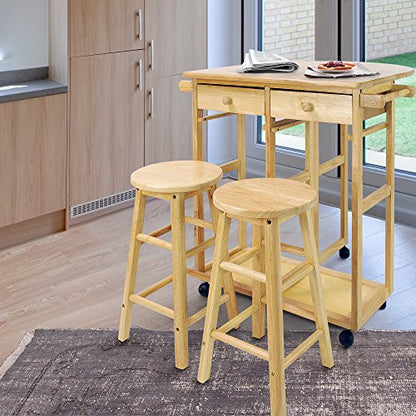 Casual Home Drop Leaf Breakfast Cart with 2 Stools-Natural - color: Natural