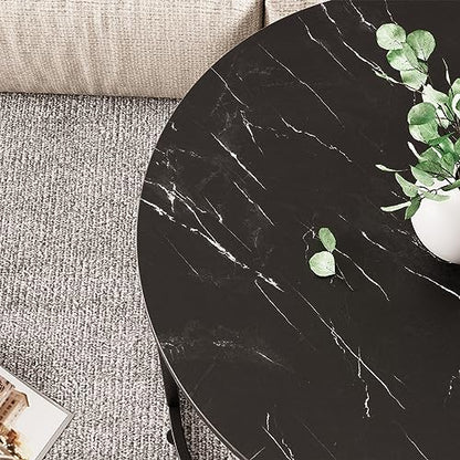 aboxoo Round Nesting Coffee Table Side Set of 2 End Tables for Living Room Bedroom Balcony,Black Faux Marble Wooden Table 23.6IN Accent Large Coffee Table with Steel Frame - color: Black Marble