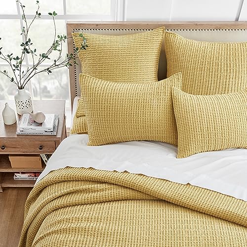 Levtex Home Mills Waffle Twin Bedspread Set (84x104in) with 1 Pillow Sham (26x20in) - Ochre - Cotton Waffle Twin Size Bedspread Set - Lightweight, Soft, Pre-Washed - color: Ochre, size: Twin Bedspread