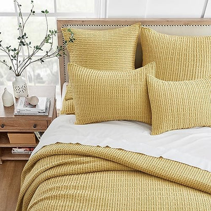 Levtex Home Mills Waffle Twin Bedspread Set (84x104in) with 1 Pillow Sham (26x20in) - Ochre - Cotton Waffle Twin Size Bedspread Set - Lightweight, Soft, Pre-Washed - color: Ochre, size: Twin Bedspread