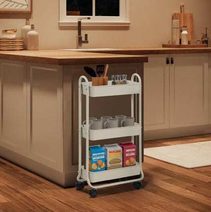 SunnyPoint Slim Rolling Storage Cart, 3 Tier Bathroom Storage Organizer Bathroom, Laundry Utility Cart (White) - color: White