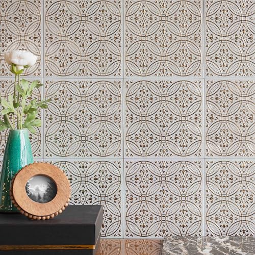 Peel and Stick Metal Tiles, Pastel Painted Gold, 10-Pack | 8 x 8 in tile size; Covers up to 4.44 sq ft; Aluminum; Water-resistant surface; For kitchens, ceilings, DIY projects - style: Pastel Painted Gold