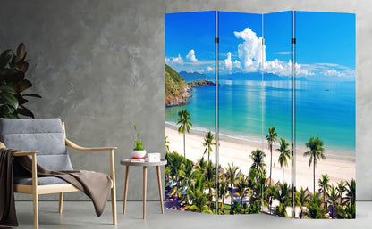 TOA 4 Panels Privacy Screen Room Divider Partition with Beach Hut Canvas, Water Resistant for Living Room, Bathroom, Home Office or College Dorm, Wood Frame