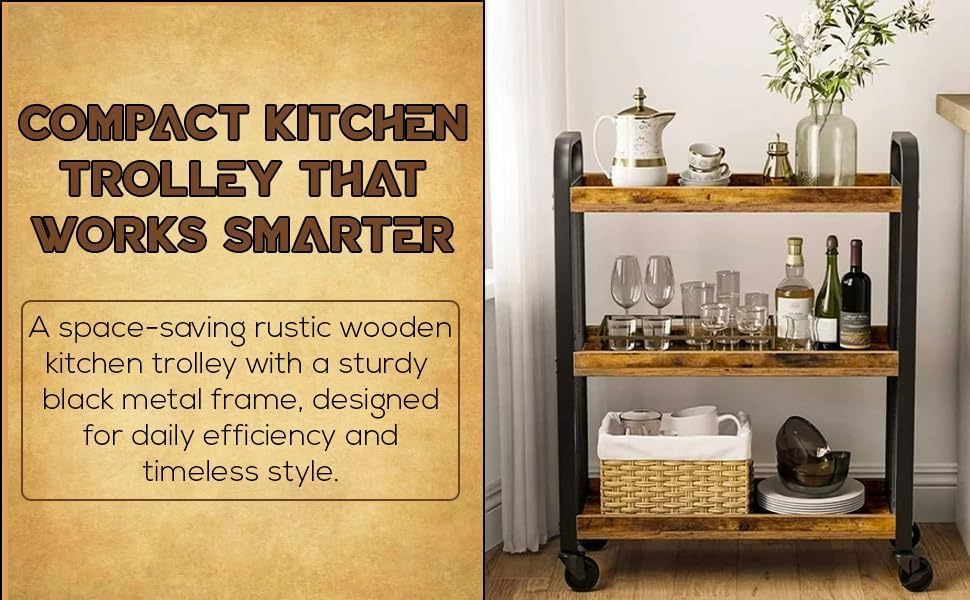 HYGRAD BUILT TO SURVIVE 3-Tier Wooden/Metal Industrial Style Rustic Narrow Rolling Cart with Wheels - Kitchen Serving Cart, Utility Storage Trolley Shelves for Small Spaces Office, Home