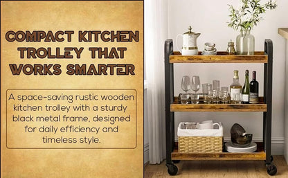 HYGRAD BUILT TO SURVIVE 3-Tier Wooden/Metal Industrial Style Rustic Narrow Rolling Cart with Wheels - Kitchen Serving Cart, Utility Storage Trolley Shelves for Small Spaces Office, Home
