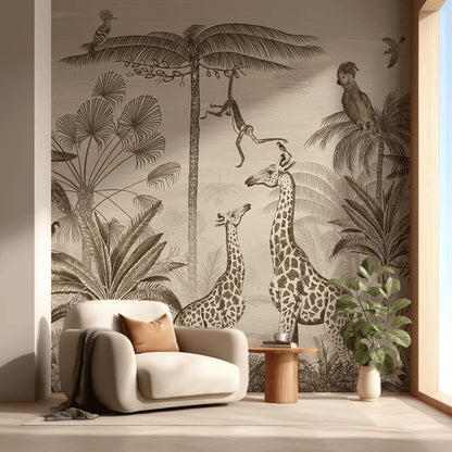 ASJ Kids Nursery Peel and Stick Wallpaper Mural, Safari Giraffe Sepia | Seamless edge-to-edge match. Monkey & birds etching artwork, 118x78 in, premium fabric, boys girls room playroom. - color: Sepia, size: 118" x 78"