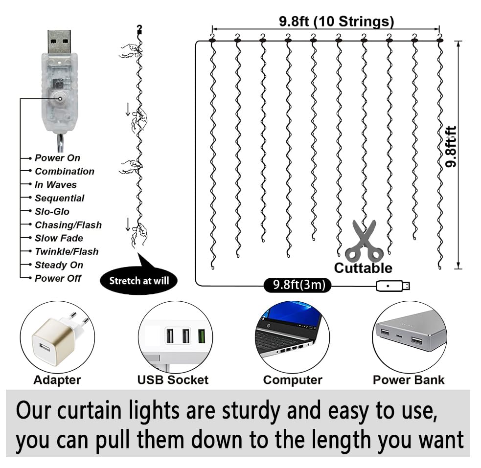 Eueasy 300 LED Curtain Lights, 9.8ft x Fairy Lights with 8 Modes, String Hanging Remote Control, Perfect for Indoor/Outdoor Christmas, Wedding, Party Wall Decorations (Warm White) (BG-CL3M3-306L01)