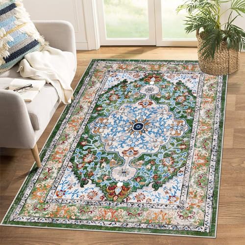 U'Artlines Boho Vintage Area Rug 4x6 Machine Washable Carpet, Green | Low Pile, Non Slip, Ultra-Thin Soft Floor Carpet, Accent Rug for Living Room Bedroom Dining Room Office - color: Green, size: 4' x 6' (Rectangular)