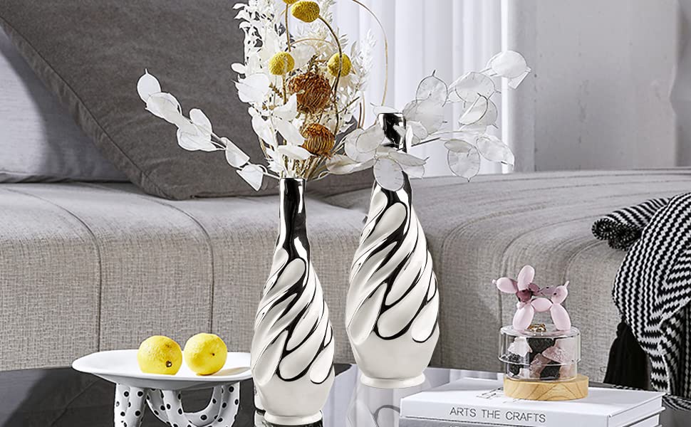 Yundu Ceramic Vase Set of 2, White with Silver, Modern Home Décor, Living Room, Dried Flowers, 14x6x6 inches - color: White With Silver