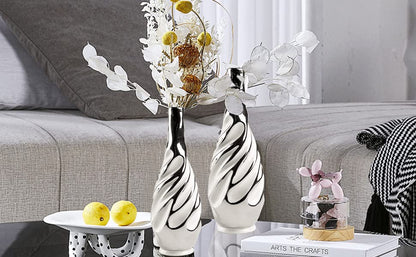 Yundu Ceramic Vase Set of 2, White with Silver, Modern Home Décor, Living Room, Dried Flowers, 14x6x6 inches - color: White With Silver