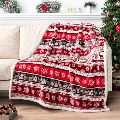 PAVILIA Christmas Sherpa Throw Blanket, Red & White Snowflake, Reindeer, Reversible Fleece & Sherpa Cozy Winter Blanket for Couch & Bed, 50x60, Christmas & Holiday Decor - color: Holiday-reindeer, size: 50 x 60 Inches