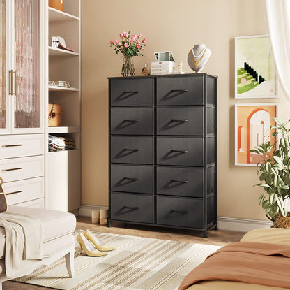 WLIVE Tall Dresser for Bedroom with 10 Drawers, Black | 10 Drawers, Fabric Dresser for Closet, Storage Tower with Cabinet, Metal Frame - color: Charcoal Black
