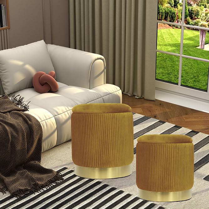 YYW HOME Round Ottoman with Storage Set of 2 Green Velvet Vanity Stool | Removable Lid, Gold and Green Ottoman,Hidden Storage Stool, Small Coffee Table for Living Room,Nest Packing, Assembly Free - color: Yellow