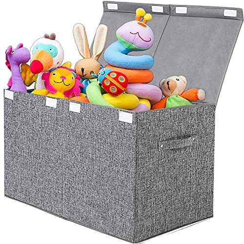 Large Toy Box Storage with Lid, Collapsible Sturdy Toy Chest Storage Bin | Toy Storage with Rivets Handles for Kids, Boys, Girls, Nursery, Playroom, Living Room, Bedroom, 25"x 13" x 16" (Linen Gray) - color: Large Grey