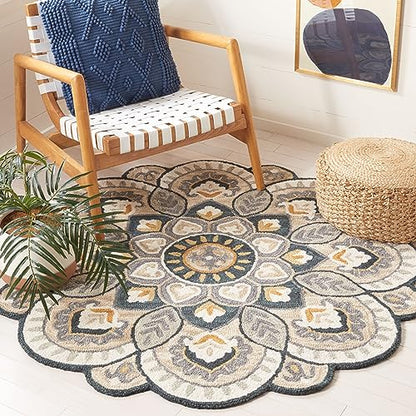 SAFAVIEH Novelty Collection Area Rug - 5' Round, Beige & Navy, Handmade Wool, Flower Design, Ideal for High Traffic Areas in Living Room, Bedroom, Dining (NOV604B-5R) - color: Beige/Navy, size: 5' (Round)