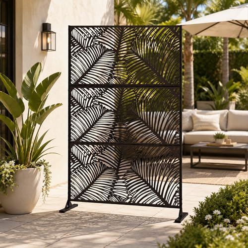 Kozyard Metal Privacy Screen 74" H x 47.2" W Decorative Outdoor Divider | with Stand Panels Freestanding Screen Set for Deck Patio Balcony Garden Outdoor&Indoor (Black/Palm Leaf) - color: Black/Palm Leaf