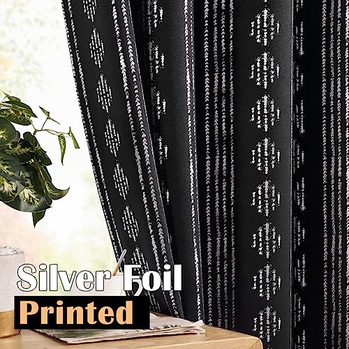 jinchan Boho Blackout Curtains 63 Inch Length for Bedroom Living Room | Silver on Black Geometric Foil Printed Grommet Curtains Room Darkening Thermal Insulated Window Treatments 2 Panels - color: Boho | Silver on Black, size: 52"W x 63"L (Pack of 2)
