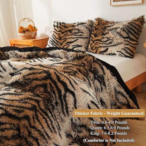 XeGe Tiger Print Fluffy Faux Fur Duvet Cover Set, King Size, Tiger Brown | 3 Pieces Soft Plush Shaggy Fuzzy Bedding Set(1 Farmhouse Animal Print Comforter Cover + 2 Furry Pillow Cases), Zipper Closure - color: Tiger Print Brown, size: King