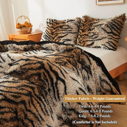XeGe Tiger Print Fluffy Faux Fur Duvet Cover Set, King Size, Tiger Brown | 3 Pieces Soft Plush Shaggy Fuzzy Bedding Set(1 Farmhouse Animal Print Comforter Cover + 2 Furry Pillow Cases), Zipper Closure - color: Tiger Print Brown, size: King