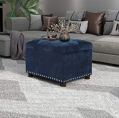 24" Ottoman with Storage for Living Room Rectangular Fabric Tufted Bench Footrest (Dark Blue) - color: Dark Blue