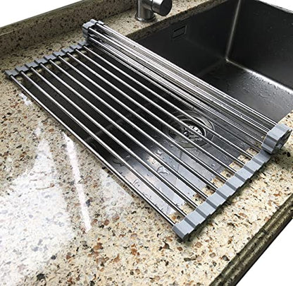 Tomorotec Roll Up Dish Drying Rack Over Sink, SUS304 Steel, 17.7x11.5,Gray | Heat Resistant to 550°F With Non-Slip Silicone Grips, Multipurpose Trivet for Hot Pots, Dishwasher Safe - size: 17.7" x 11.5"